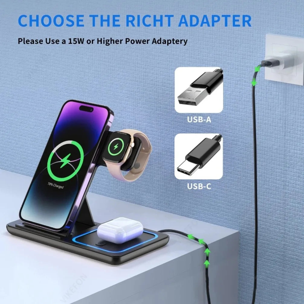 3-in-1 Wireless Charging Station | Premium Fast Charger for iPhone, Apple Watch & AirPods