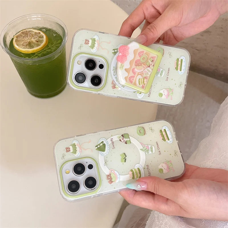 Cute Matcha Cake MagSafe Case for iPhone | Magnetic Stand & Grip Phone Case