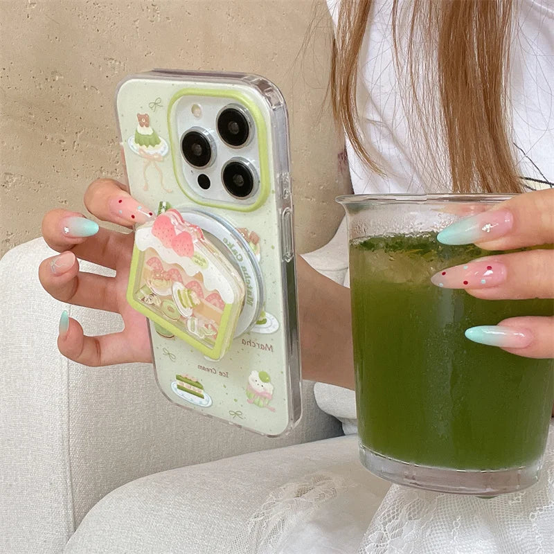 Cute Matcha Cake MagSafe Case for iPhone | Magnetic Stand & Grip Phone Case