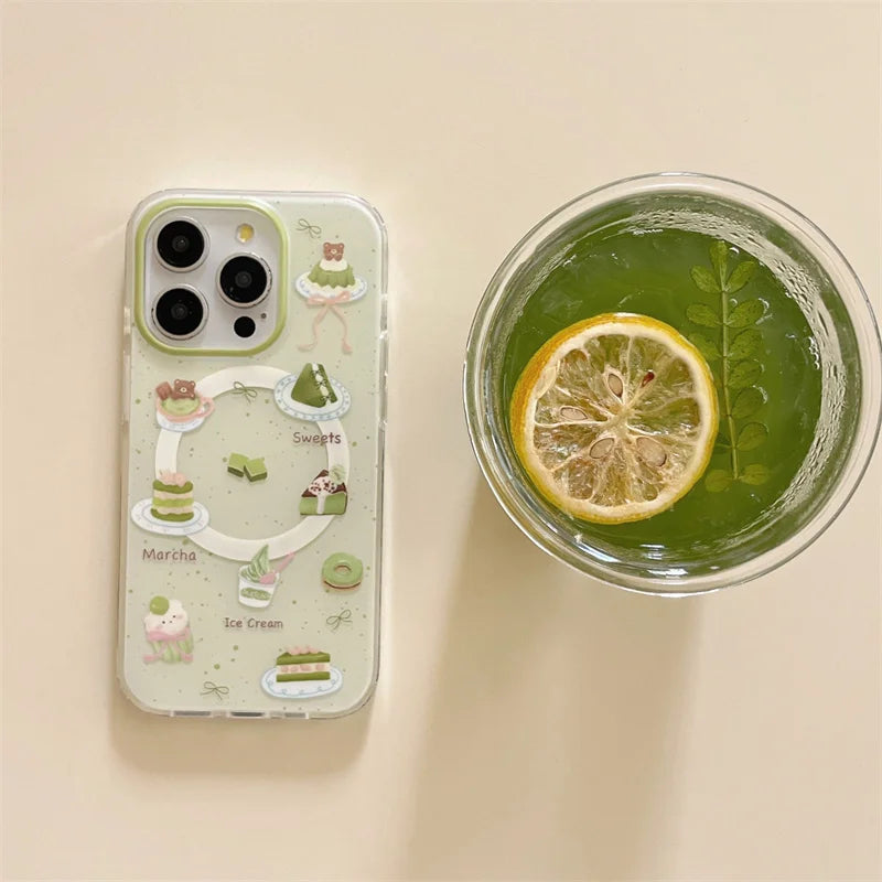 Cute Matcha Cake MagSafe Case for iPhone | Magnetic Stand & Grip Phone Case