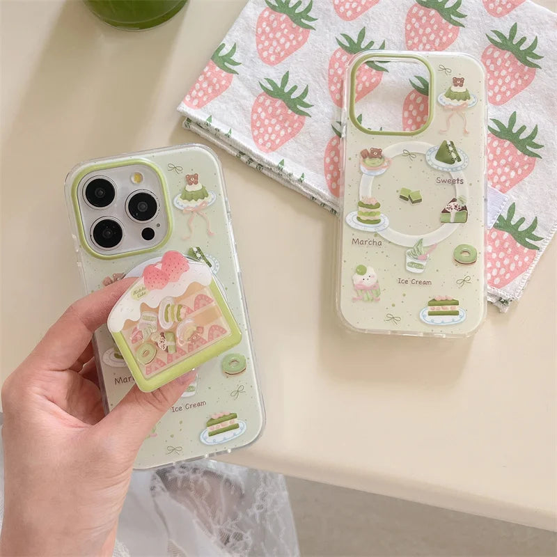 Cute Matcha Cake MagSafe Case for iPhone | Magnetic Stand & Grip Phone Case