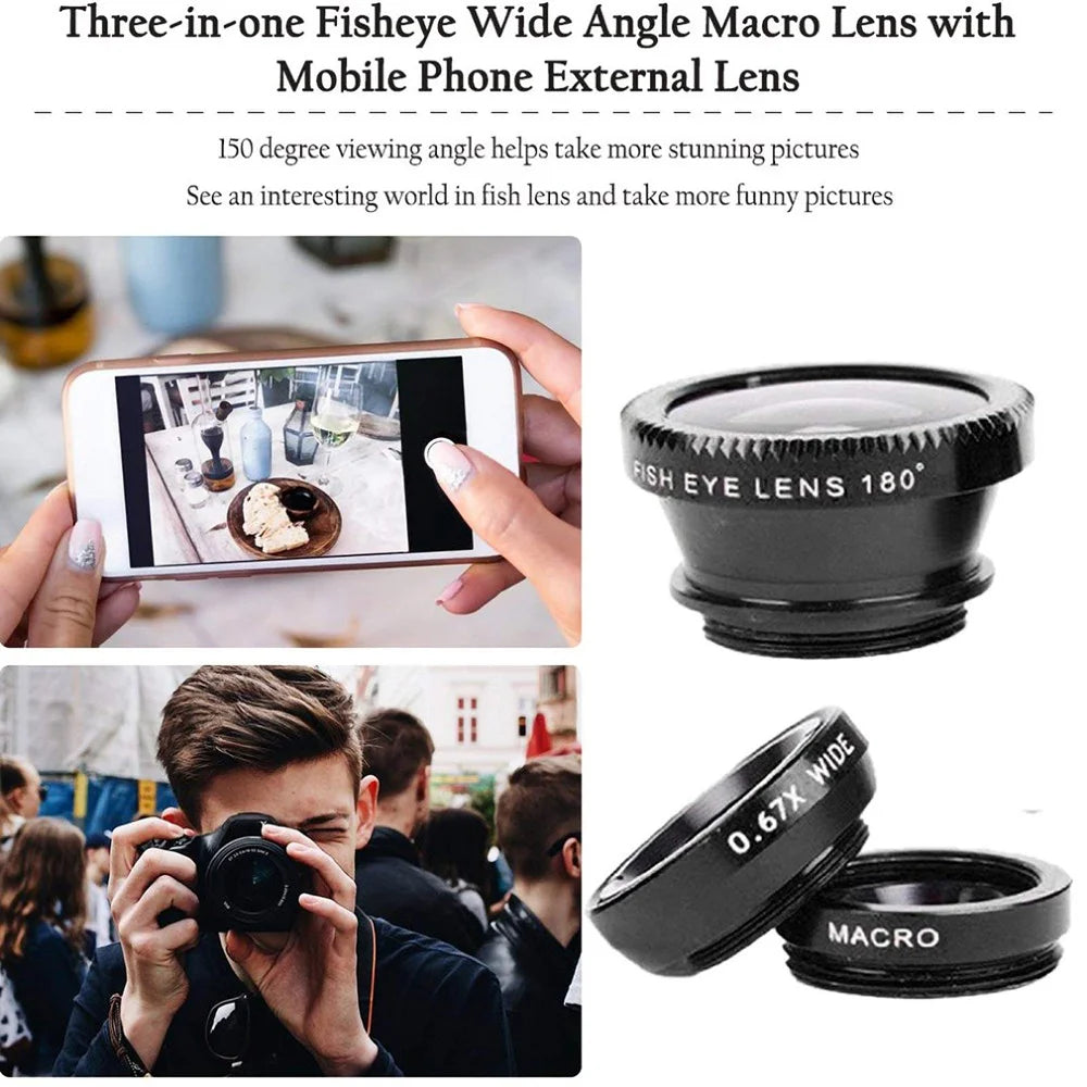 3-in-1 Smartphone Camera Lens Kit | Fish Eye, Wide Angle & Macro Lens Set